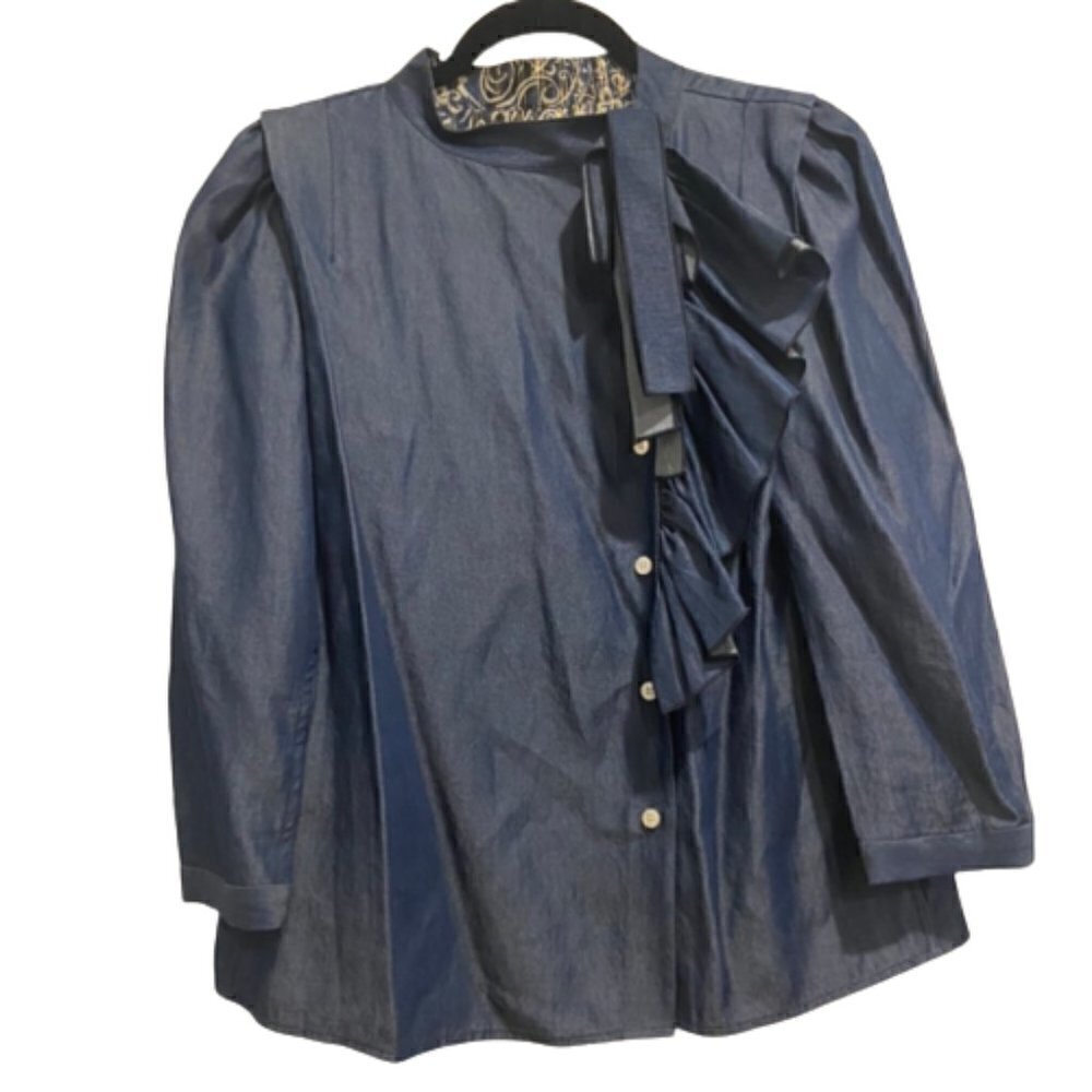 MARC Jacobs Ruffle Denim Button-Up Top 3/4 Sleeve Women's Size 2